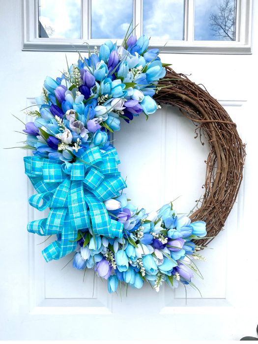 Grapevine Wreath with Blue and Purple Tulips and Blue and Purple Bow